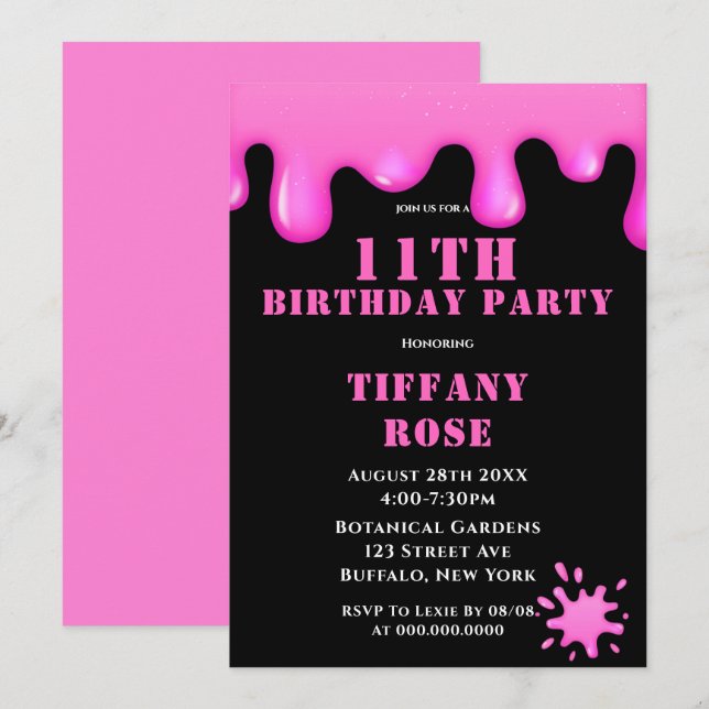 Pink Slime 11th Birthday Party Invitations  (Front/Back)