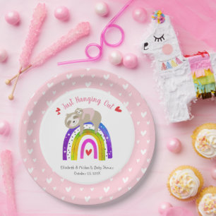 Pink Sloths Boho Rainbow Girl Baby Shower Modern Paper Plate