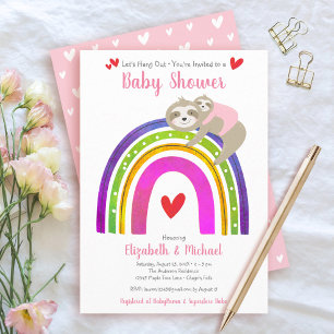 Pink Sloths Girl Baby Shower Boho Rainbow Kawaii Invitation