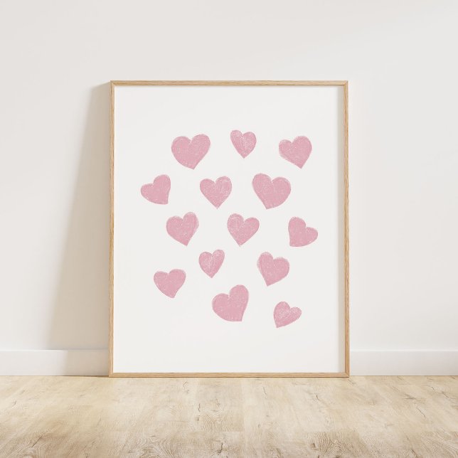Pink Small Hearts Poster (Chalky brush style small tossed hearts in pink)