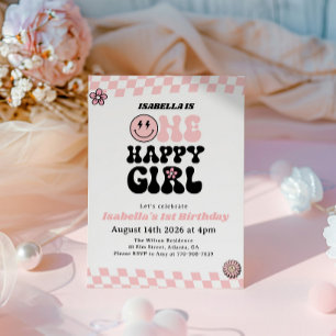 Pink Smiley Face One Happy Girl 1st Birthday Invitation