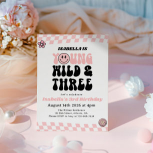Pink Smiley Face Two Cool Girl 3rd Birthday Invitation