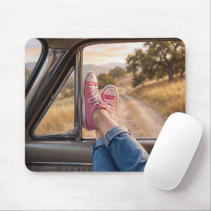 Pink Sneakers Hanging Out of Retro Car Window Mouse Mat
