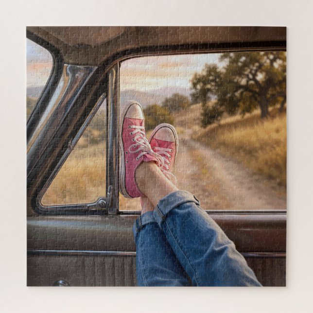 Pink Sneakers in Retro Car Window Jigsaw Puzzle (Vertical)