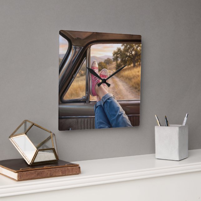 Pink Sneakers in Retro Car Window Square Wall Clock (Office)