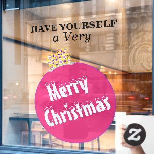 Pink Snow Capped Merry Christmas Ornament Window Cling