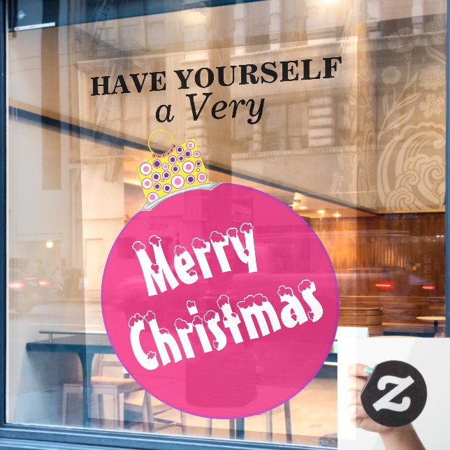 Pink Snow Capped Merry Christmas Ornament Window Cling (Cafe Window)