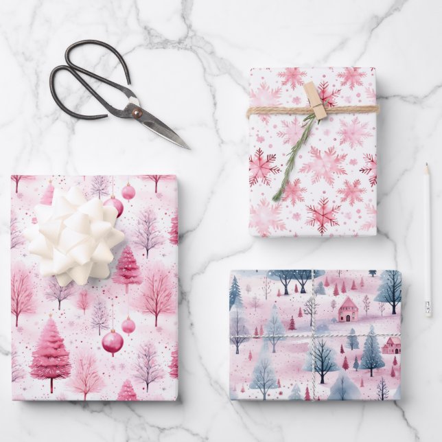 Pink Snow Christmas Watercolor Cartoon Design Wrapping Paper Sheet (Front)