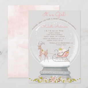 Pink Snow Globe Bear Deer Girl Baby Shower Invitation