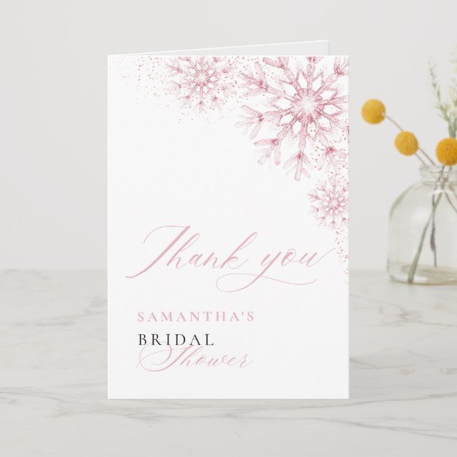 Pink Snow in Love Folded Bridal Shower Thank You Card (Front)
