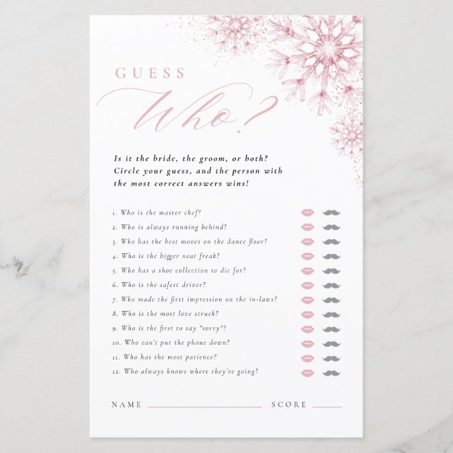 Pink Snow in Love Guess Who Bridal Shower Game (Front)