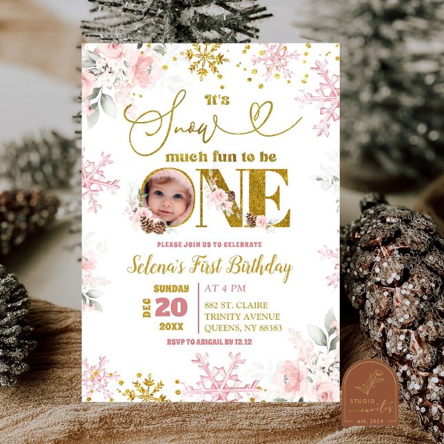 Pink Snow Much Fun Winter Floral 1st Birthday Girl Invitation (Creator Uploaded)