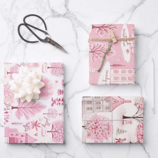Pink Snow Winter Wonderland Christmas Wrapping Paper Sheet (Front)