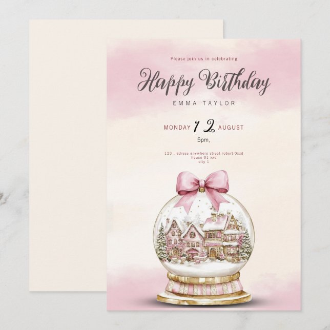  pink snowball birthday invitation (Front/Back)