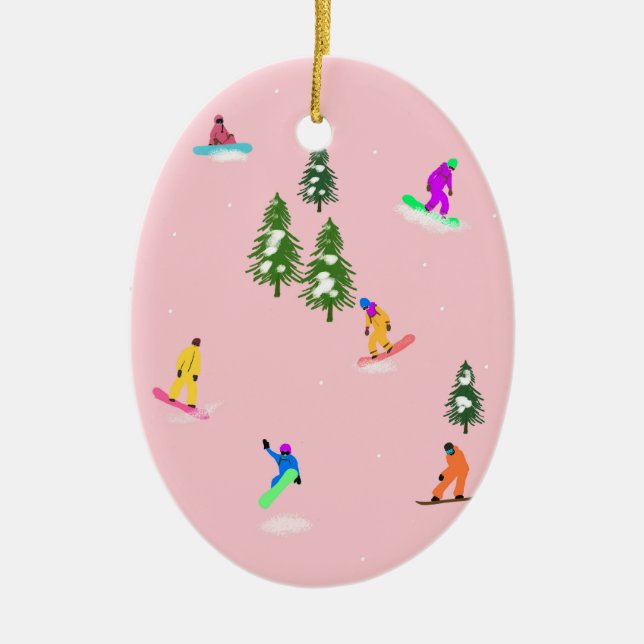 Pink Snowboarders Snowboarding Illustration    Ceramic Tree Decoration (Front)