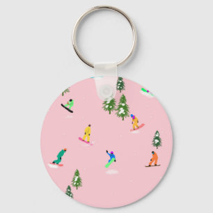 Pink Snowboarders Snowboarding Illustration Key Ring
