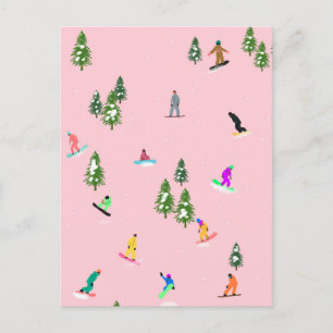 Pink Snowboarders Snowboarding Illustration    Postcard