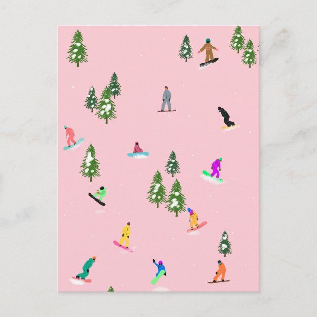 Pink Snowboarders Snowboarding Illustration    Postcard (Front)