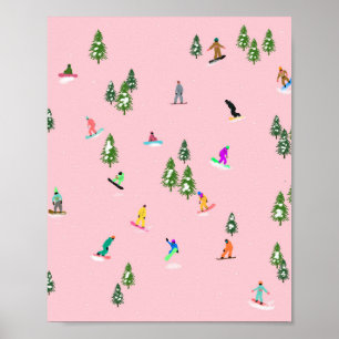 Pink Snowboarders Snowboarding Illustration     Poster