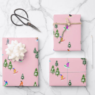 Pink Snowboarders Snowboarding Illustration   Wrapping Paper Sheet