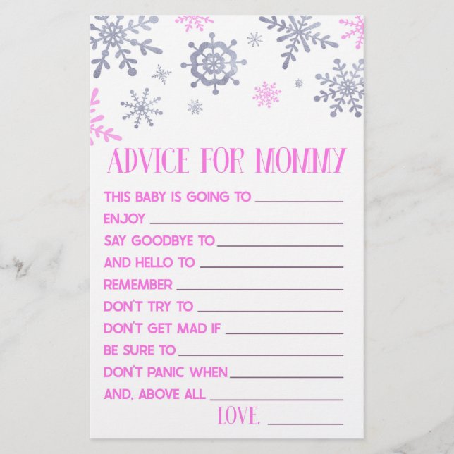 Pink Snowflake Advice Baby Shower Game Activity Stationery (Front)