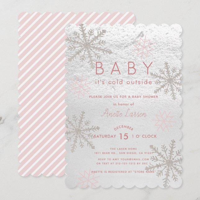 Pink Snowflake Baby Its Cold Outside Baby Shower Invitation (Front/Back)