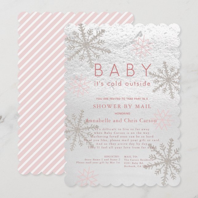 Pink Snowflake Baby Its Cold Shower by Mail Invitation (Front/Back)