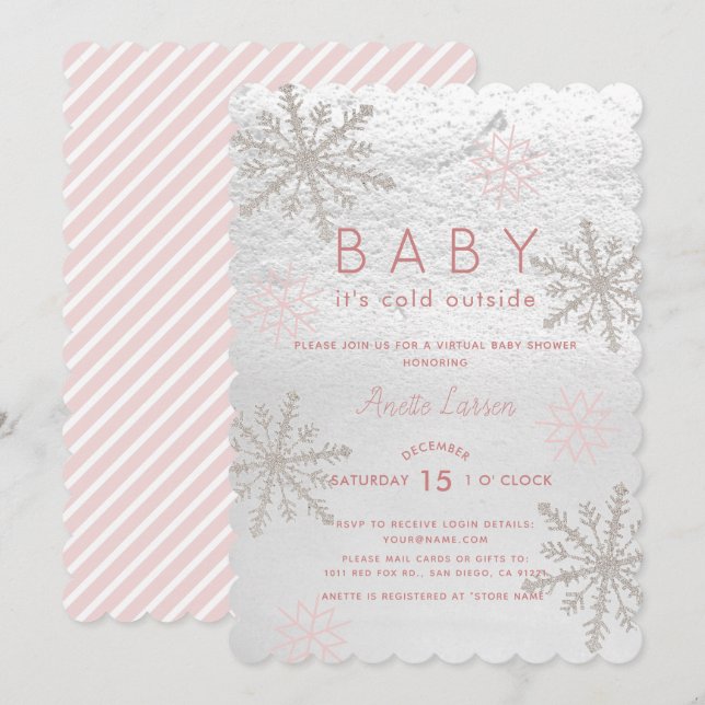 Pink Snowflake Baby Its Cold Virtual Baby Shower Invitation (Front/Back)