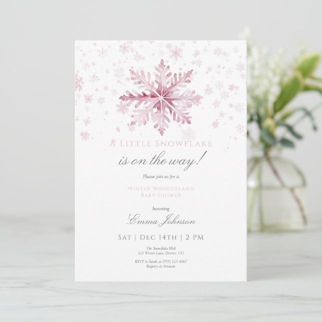 Pink Snowflake Baby Shower Invitation (Standing Front)
