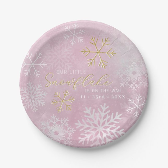 Pink Snowflake Baby Shower Paper Plates (Front)