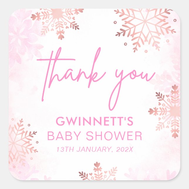 Pink Snowflake Baby Shower Square Sticker (Front)