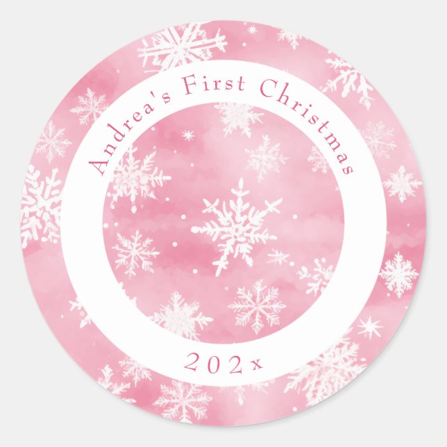 Pink Snowflake Baby's First Christmas Photo Classic Round Sticker (Front)