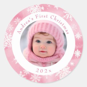 Pink Snowflake Baby's First Christmas Photo Classic Round Sticker