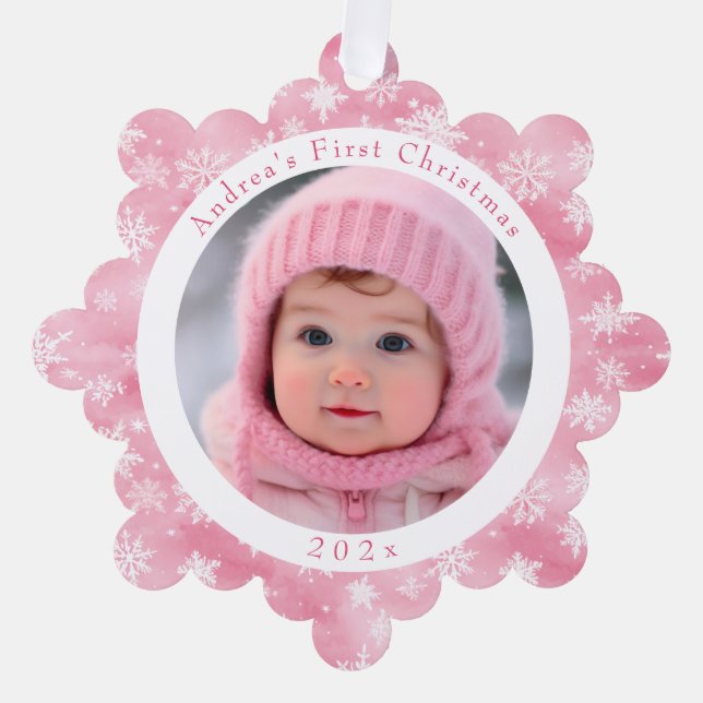 Pink Snowflake Baby's First Christmas Photo Tree Decoration Card (Front)