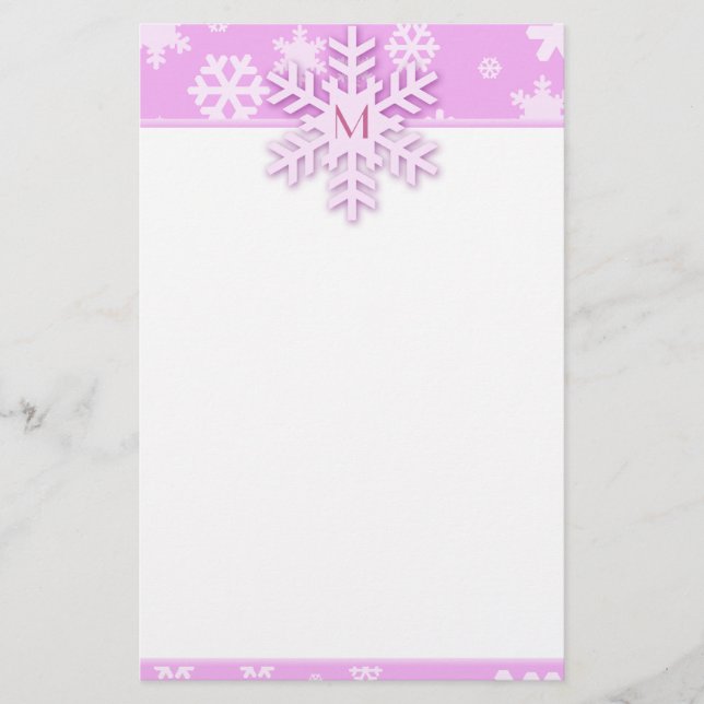 Pink Snowflake Border with Monogrammed Snowflake Stationery (Front)