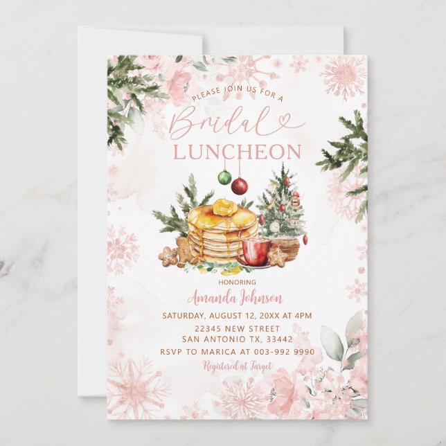 Pink Snowflake Bridal Luncheon Pancake & Cocoa  Invitation (Front)