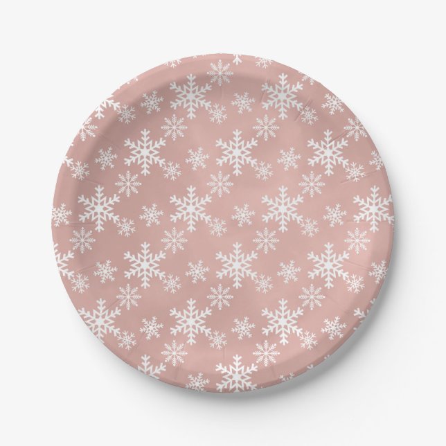 pink snowflake christmas baby shower party  paper plate (Front)