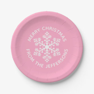 Pink Snowflake Christmas Paper Plates