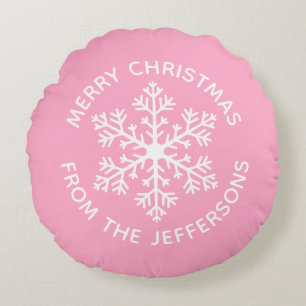 Pink Snowflake Christmas Round Pillow
