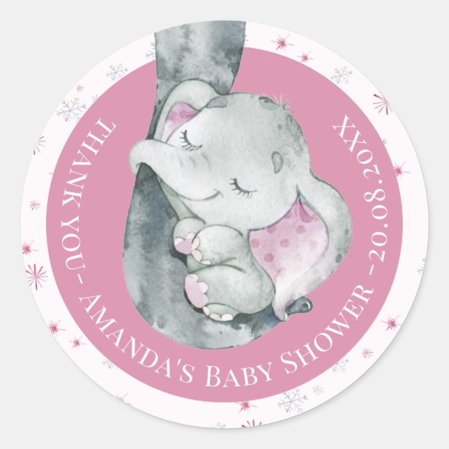 Pink Snowflake Elephant Winter Girl Baby Shower Classic Round Sticker (Front)