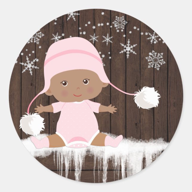 Pink Snowflake Ethnic Girl Baby Shower Stickers (Front)