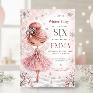 Pink Snowflake Fairy Girl Birthday Invitation
