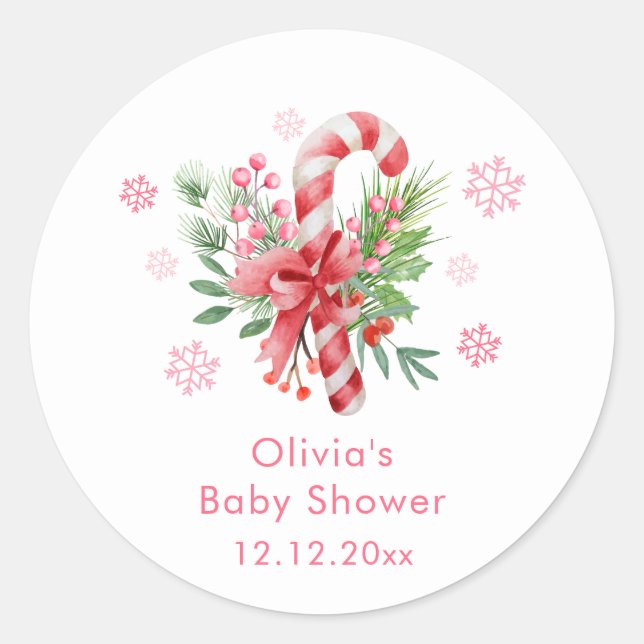 Pink Snowflake Festive Candy Girl Baby Shower  Classic Round Sticker (Front)