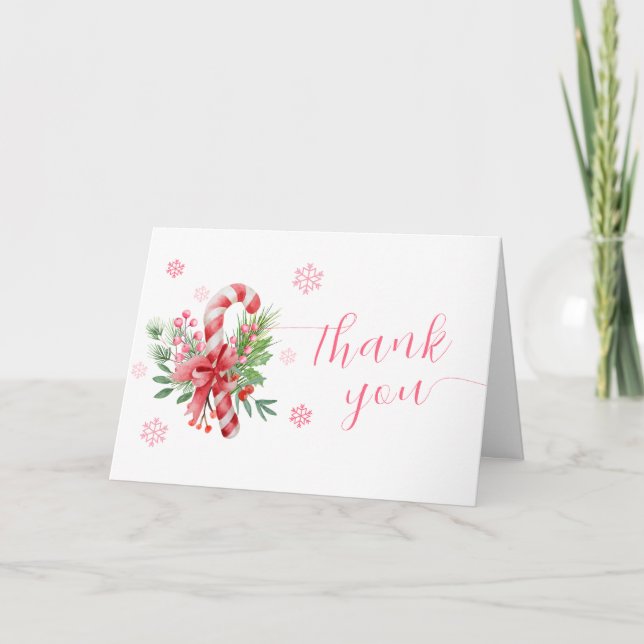 Pink Snowflake Festive Candy Girl Baby Shower  Thank You Card (Front)