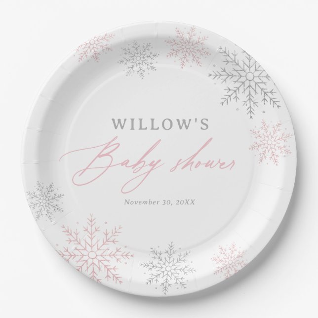 Pink Snowflake Girl Baby Shower Paper Plate (Front)