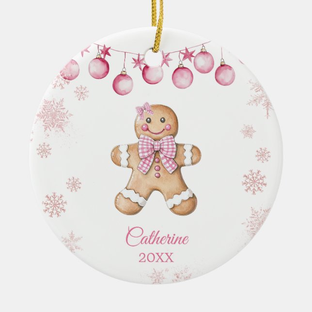 Pink Snowflake Girl Cookies Birthday  Ceramic Tree Decoration (Front)