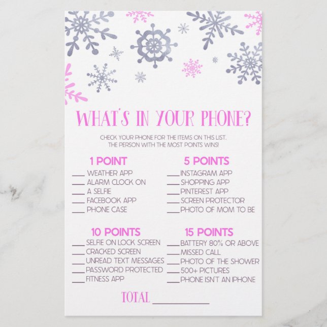 Pink Snowflake In Your Phone Baby Shower Game Stationery (Front)