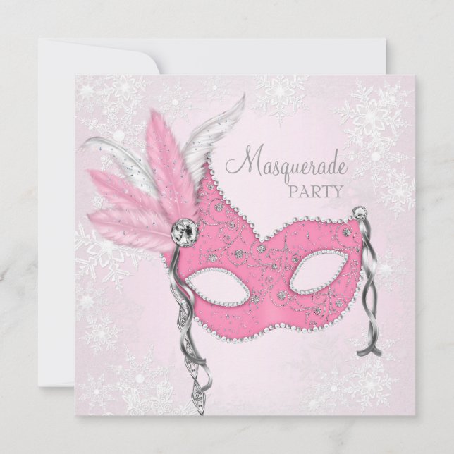 Pink Snowflake Masquerade Party Invitation (Front)
