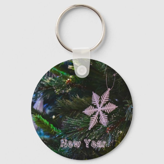 Pink Snowflake on Christmas Decor keychain (Front)