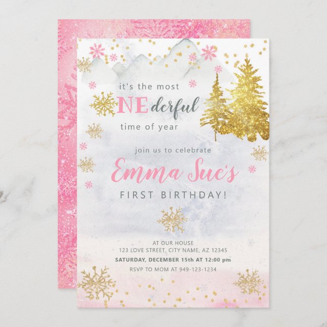 Pink Snowflake ONEderful Time of Year Birthday Invitation (Front/Back)